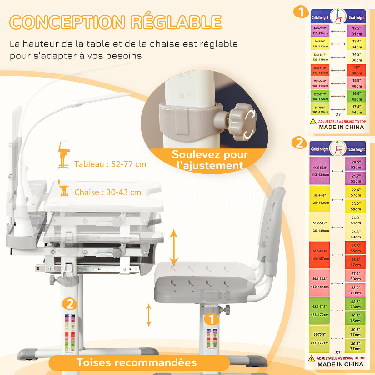 SCHREIBTISCH-SET DE-17501 höhenverstellbar mit LED-Lampe Grau - Grau, Kunststoff (70/105/50cm) - ComfortXL