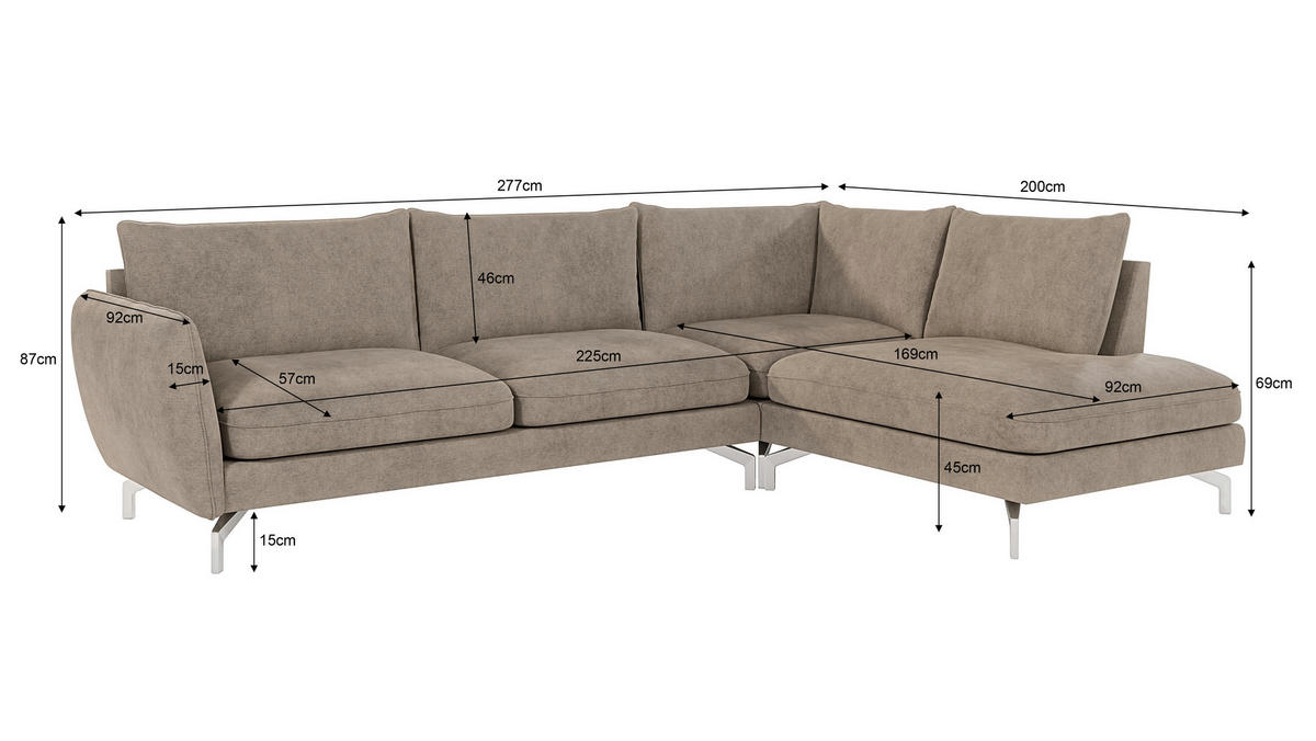 ECKSOFA Elou Dunkelbeige Microfaser - Chromfarben/Beige, Holz/Textil (277/200cm) - S-Style Möbel