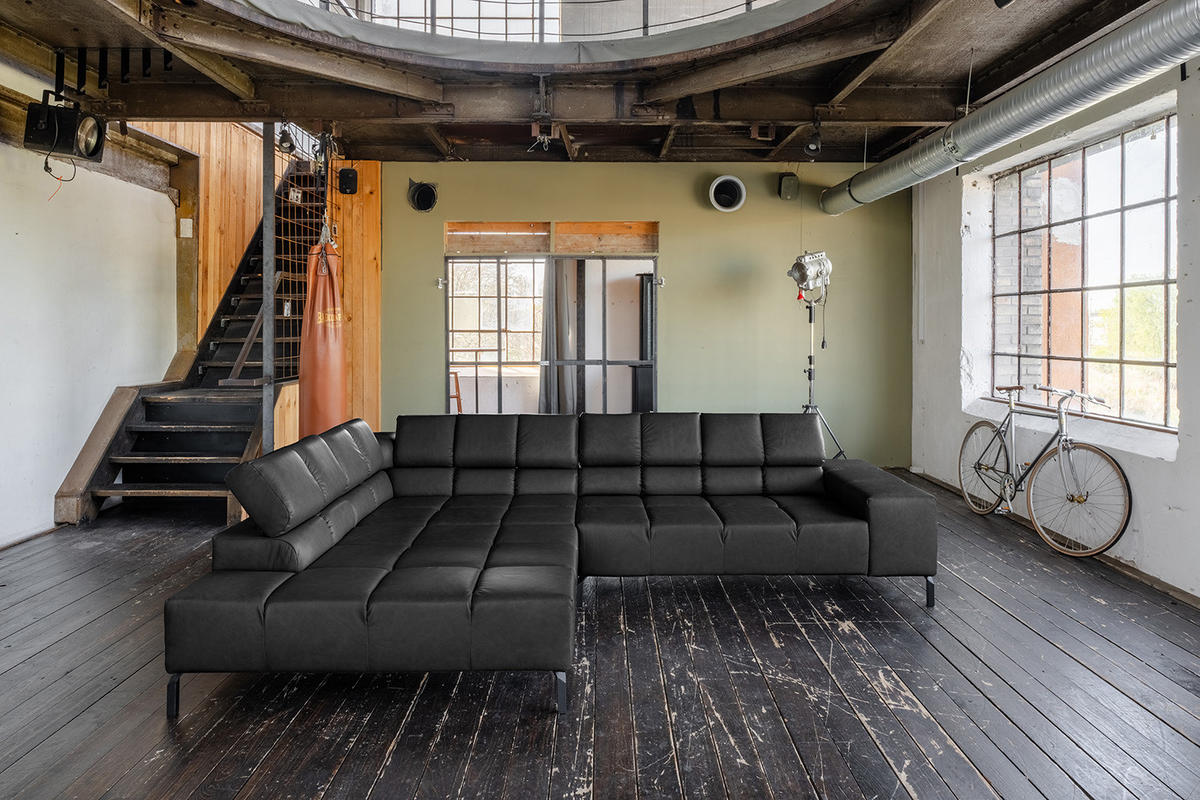 ECKSOFA NELSON Schwarz Leder Relaxfunktion - Schwarz, Leder/Metall (321/216cm) - KAWOLA