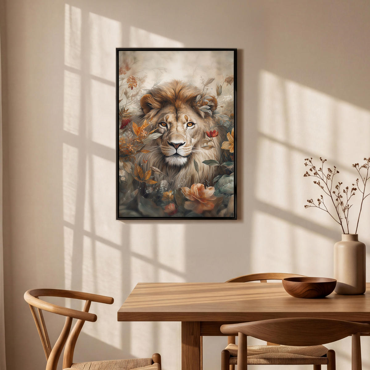 LEINWAND Bilder mit Rahmen - Löwe - Wildtiere - Pflanzen - Natur - Blumen - 60x90 - Beige, Textil (60/90cm) - MuchoWow