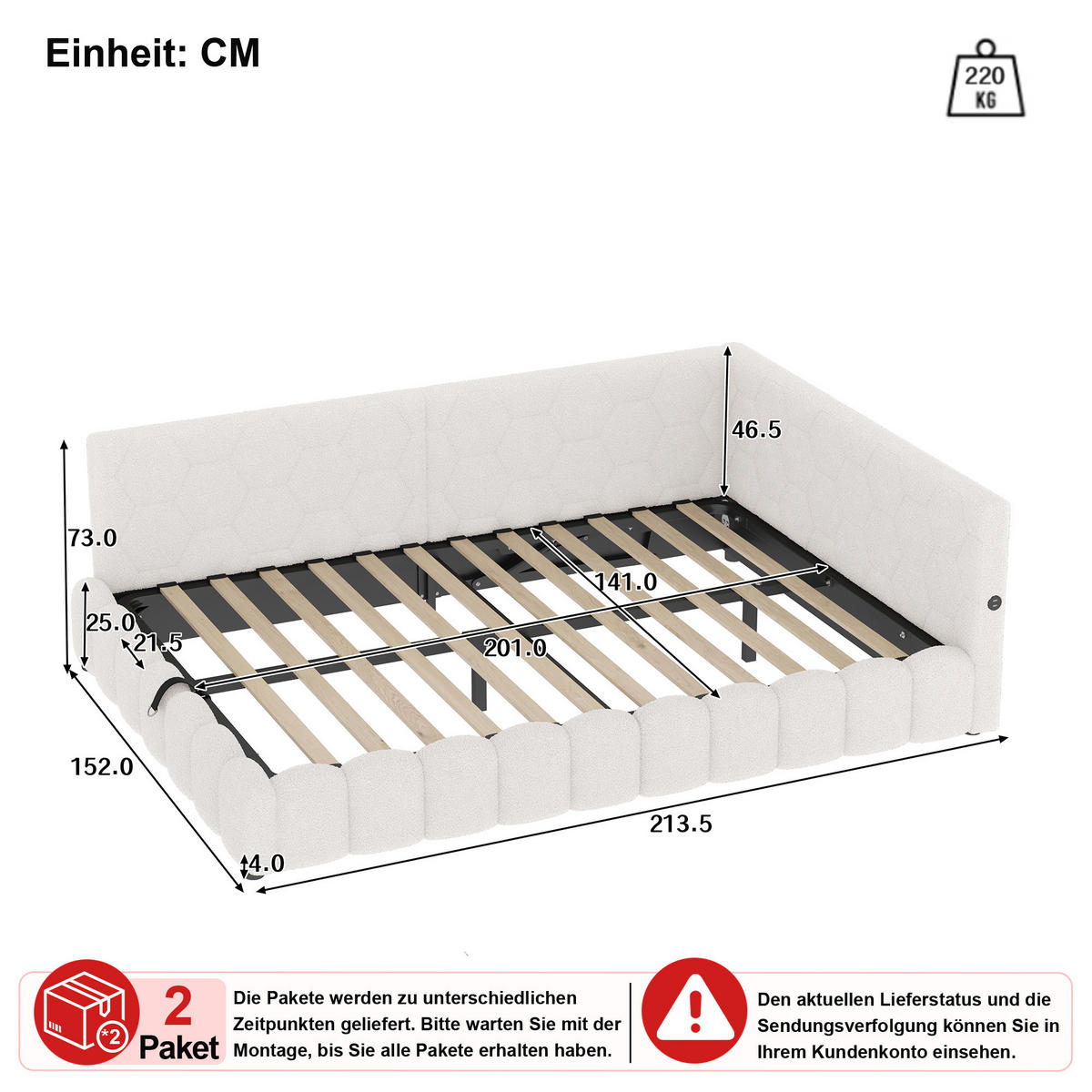 ROZKLÁDACÍ POHOVKA 140/200 cm z bílé látky s úložným prostorem, LED osvětlením, USB a Type-C - bílá, kov/kompozitní dřevo (140/200cm) - WISHDOR