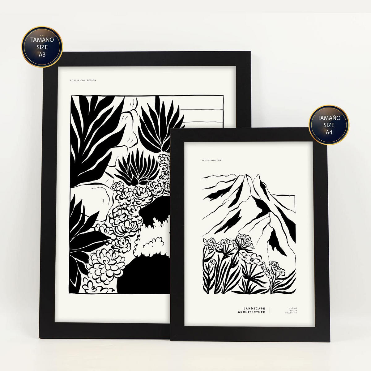 POSTER Set Mit 6 In Schwarzer Tinte Saftiger Garten Künstlerische Und Abstrakte Drucke Für Innenarchitektur A3 & A4 Schwarzer Rahmen - Schwarz, Papier (29/3cm) - Nacnic