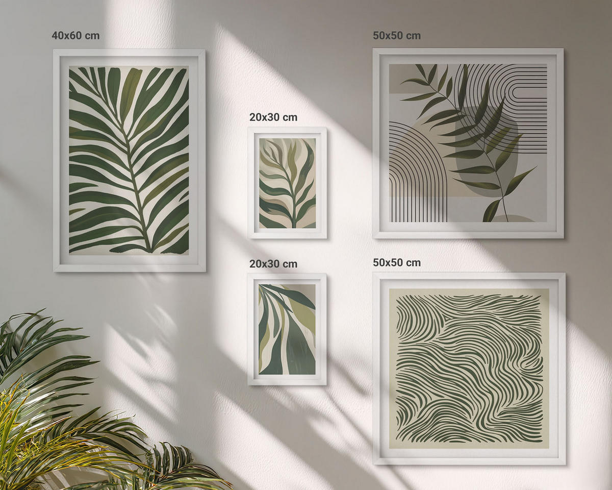 BILDER SET 5er Set - 50x50 cm & 20x30 cm & 40x60 cm Weißer Rahmen - Blätter, Wellen – Pastellillustrationen - Weiß, Kunststoff (40/60cm) - TULUP