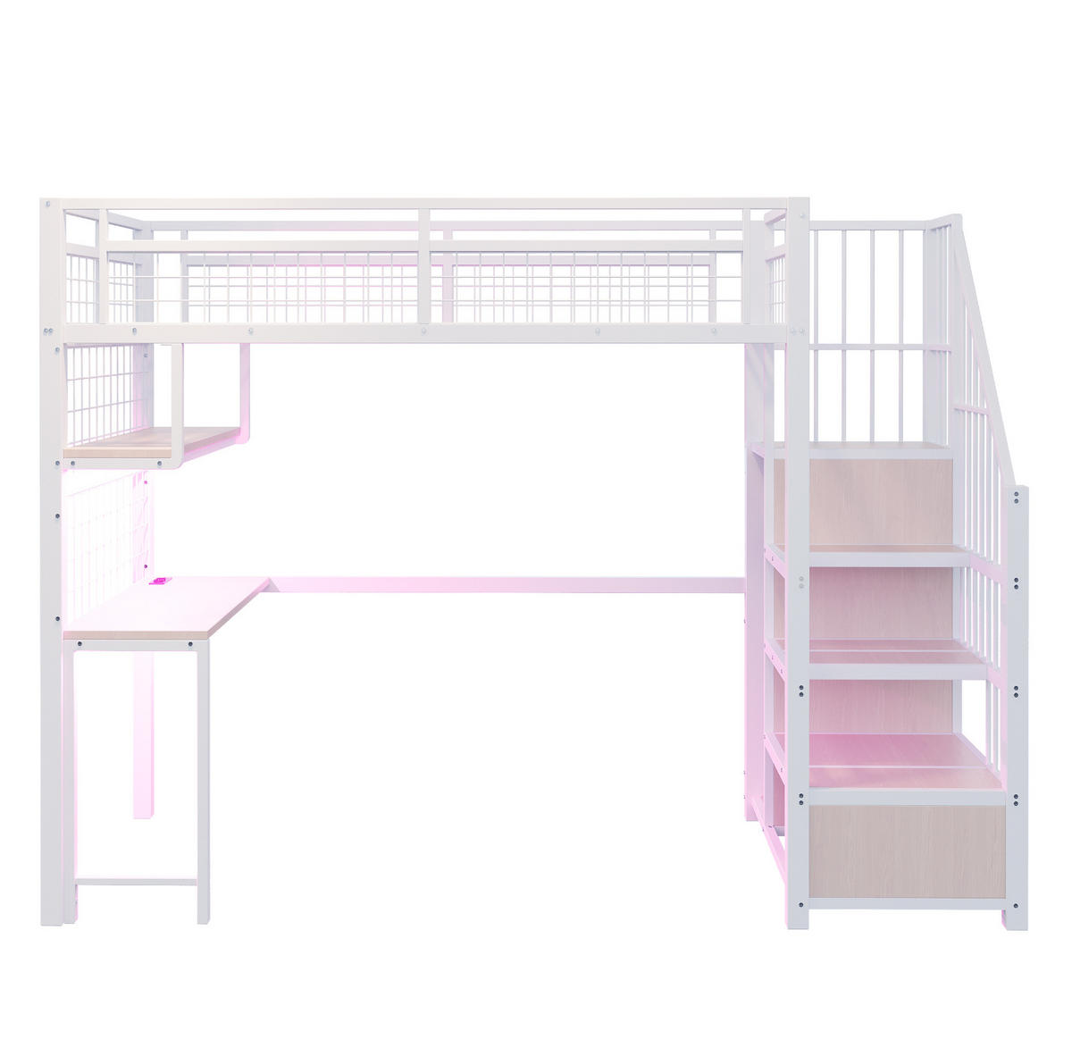 HOCHBETT 90/200 cm mit Schreibtisch, LED-Lichtleiste, Steckdosen, Stauraumtreppe und Kleiderbereich, Weiß - Weiß, Metall (90/200cm) - Redom