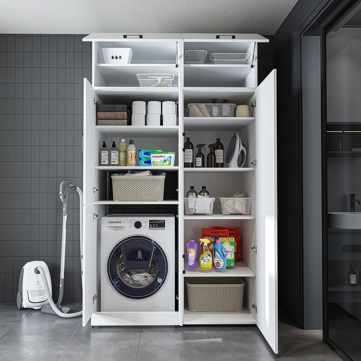 WASCHMASCHINENSCHRANK DORA-II 130cm Breit, 230cm Hoch - Weiß, Holzwerkstoff (130/230/73.8cm)