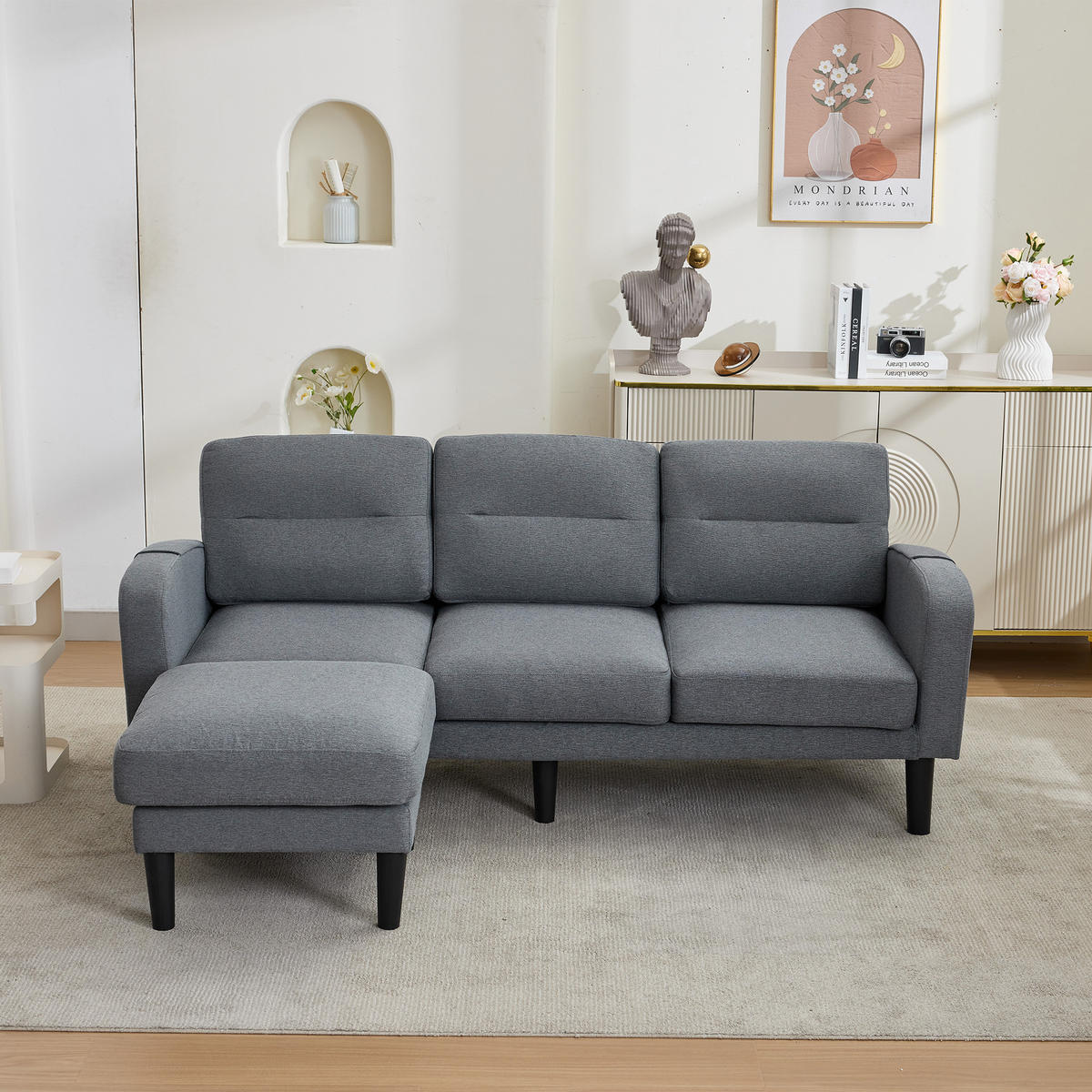 ECKSOFA L Form 3-Sitzer Chaiselongue Stauraum Tasche Grau 204cm - Grau, Textil (204/136cm) - FLIEKS