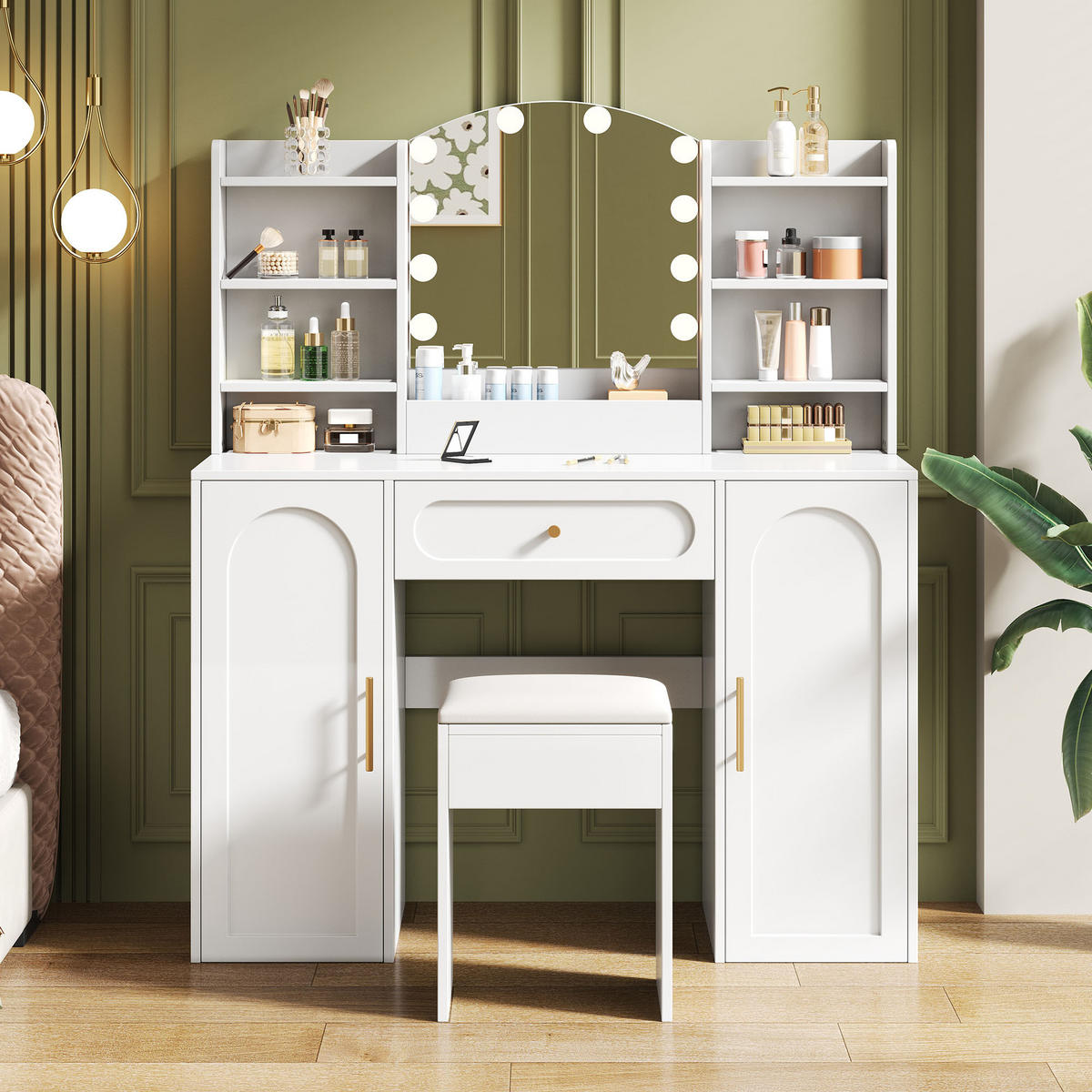 GROSSER Schminktisch mit LED-Spiegel, dimmbar, inkl. Hocker, 1 Schublade & 2 Türen, modern, Weiß, 110x40x132 cm - Weiß, Holz (40/132/110cm) - Ej. Life
