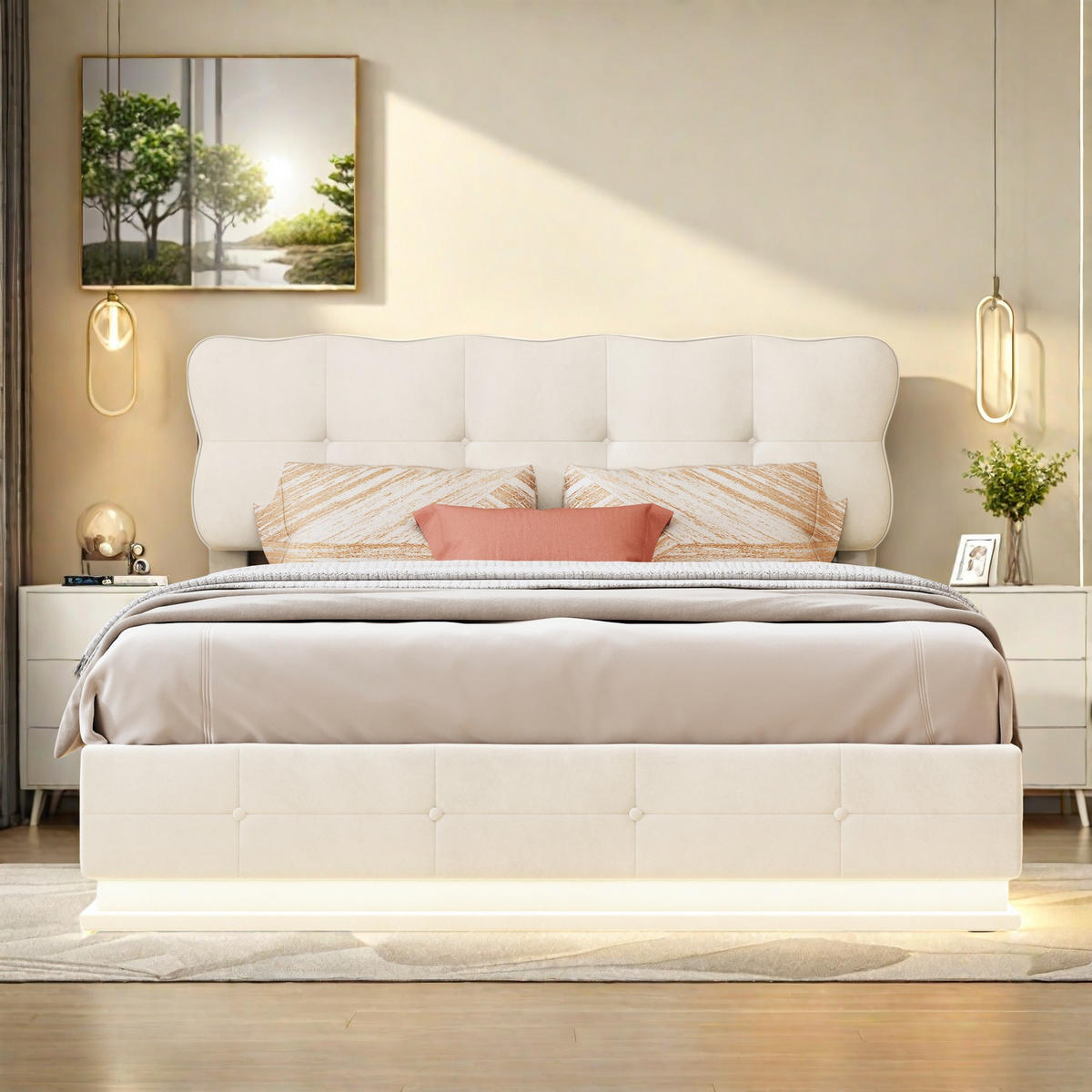 ČALOUNĚNÁ postel 140x190 cm béžová sametová LED plynová výsuvná skříňka - béžová, dřevo (140/190cm) - SHOPENTRA