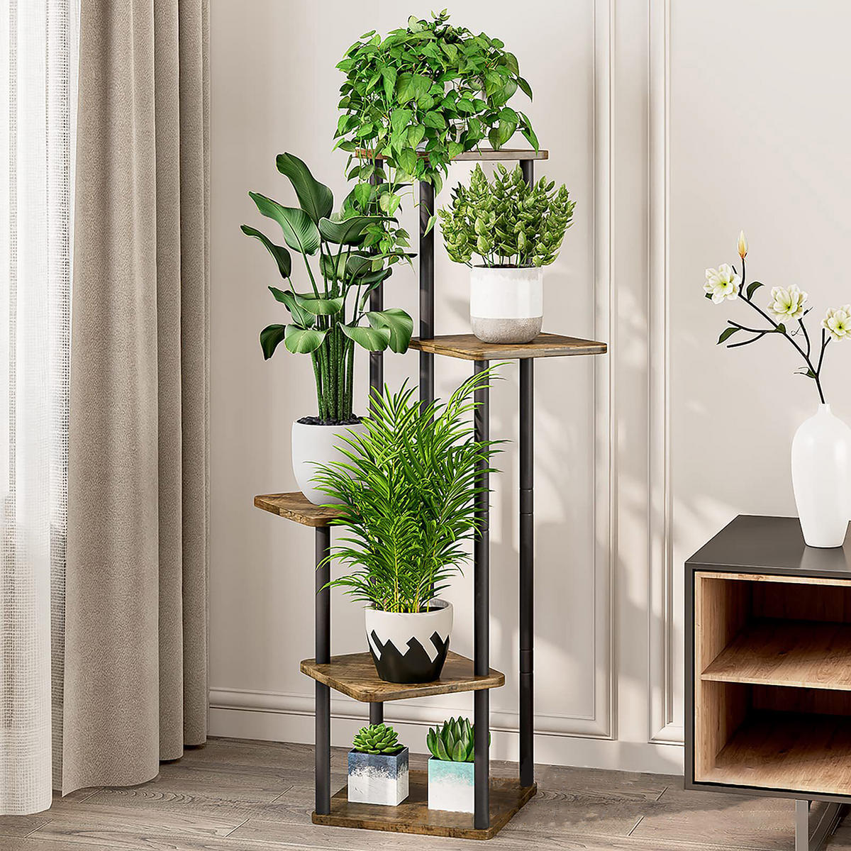 PFLANZENREGAL Schwarz Industrial 5 Ablagen Eisen MDF 107 x 58 cm - Multicolor, Holzwerkstoff/Metall (58/107/58cm) - Relaxdays