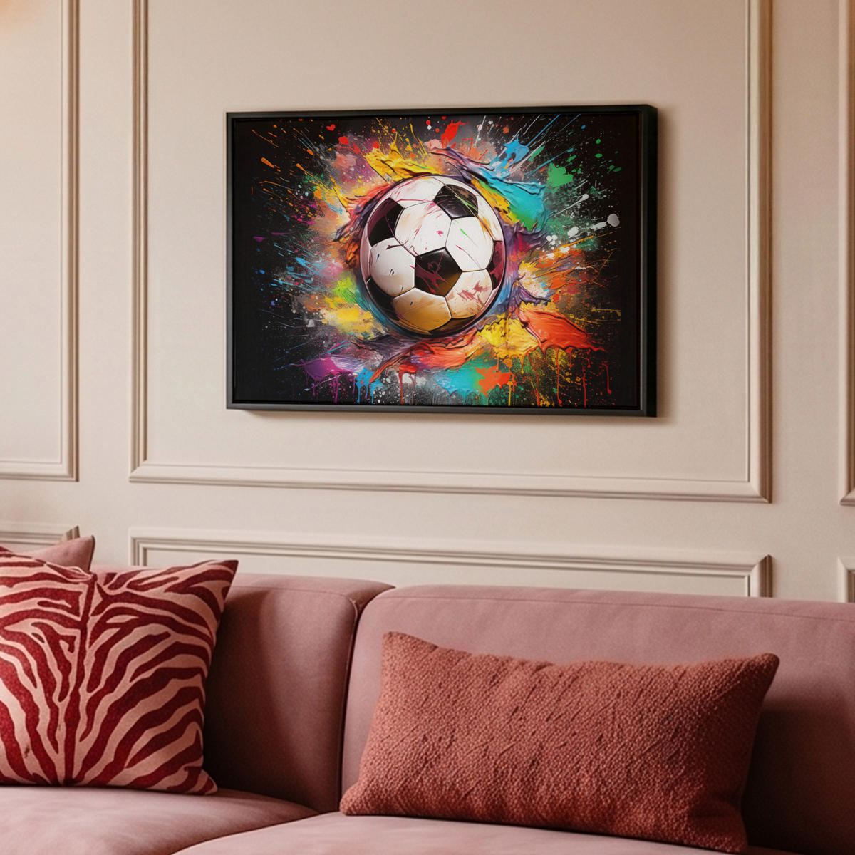 LEINWAND Bilder mit Rahmen - Fußball - Farbe - Farben - Schwarz - Weiß - 60x40 - Weiß, Textil (60/40cm) - MuchoWow