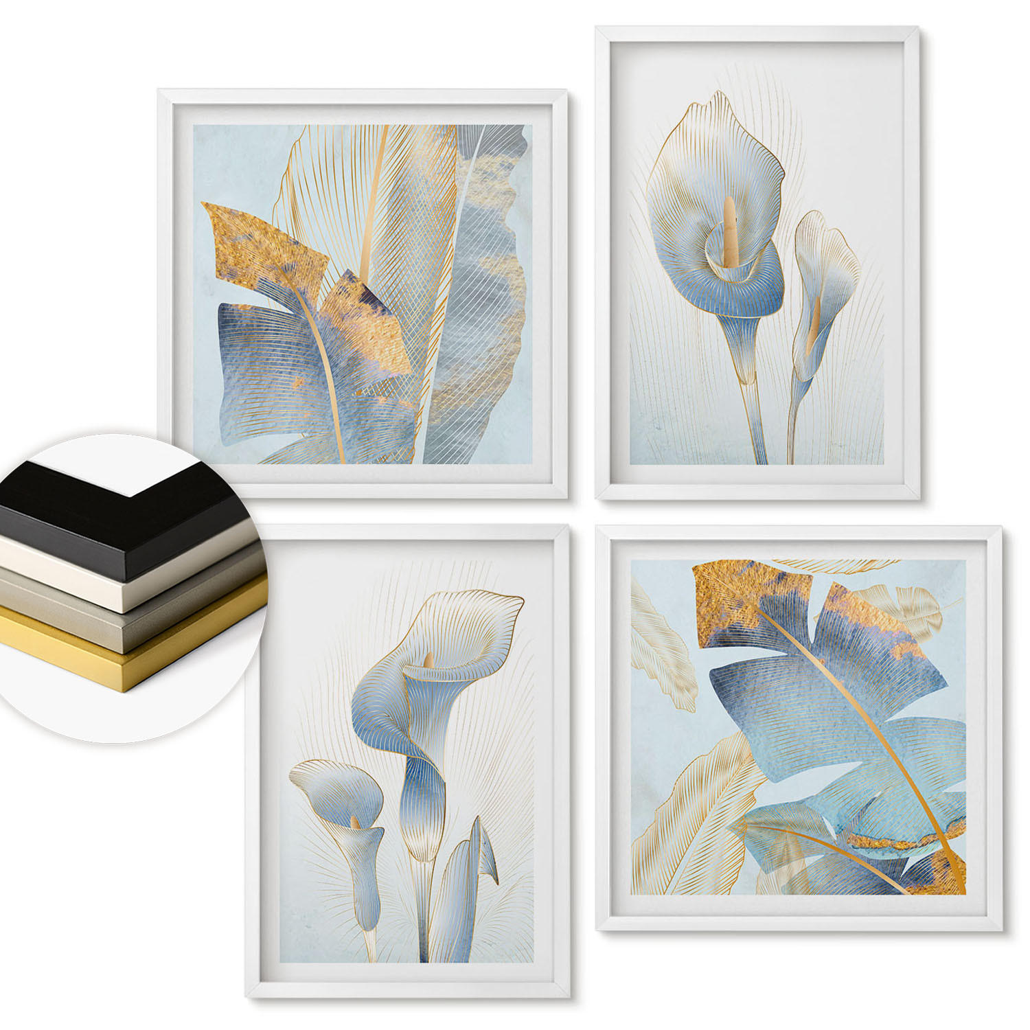 WANDBILDER 4er-Set - 50x50 cm & 40x60 cm Weißer Rahmen - Blaue Blumen im Hintergrund - Weiß, Kunststoff (50/50cm) - ArtPrintCave
