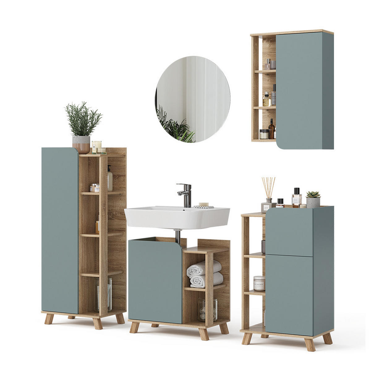 BADMÖBEL-SET Karen Blau-Grau 5 Teile - Dunkelblau/Sonoma Eiche, Holzwerkstoff (60/65/35cm) - Vicco