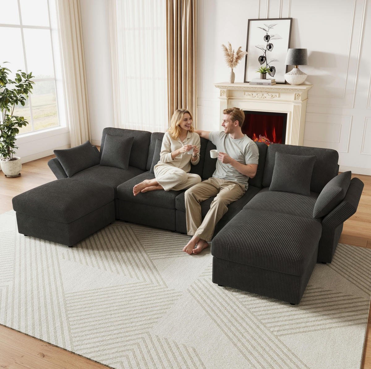 SOFA mit Hocker U-Form 290 x 159,5 x 89 cm Grey - Grau, Holz (159.5/89/290cm) - Meubliv