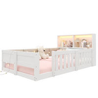 KINDERBETT Holzwerkstoff 90x200 cm Weiß/Natur mit Gitter, LED und Stauraum - Weiß, Holzwerkstoff (90/200cm) - Modfu