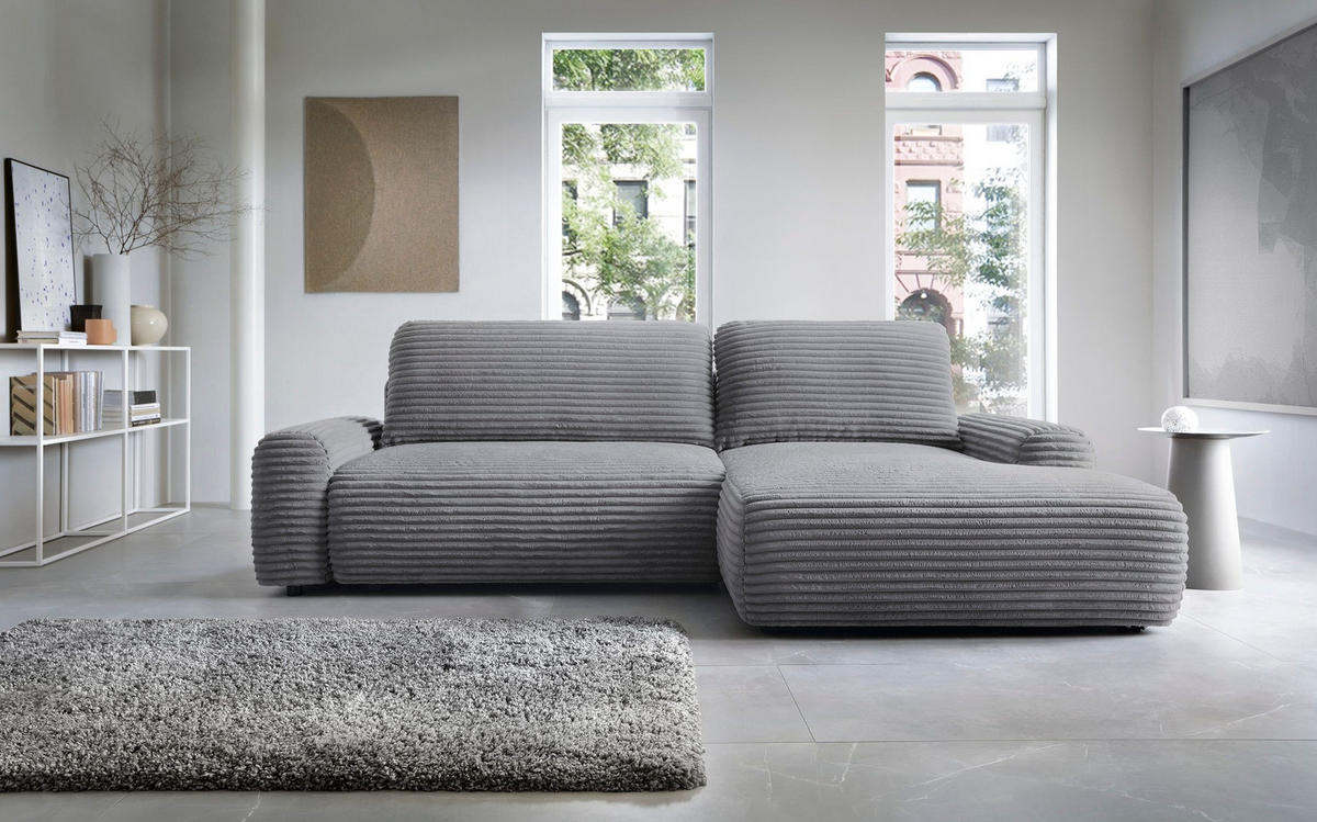 ECKSOFA OSSO Grau Velours-Stoff mit Schlaffunktion - Grau, Holz (264/162cm) - MASSENO