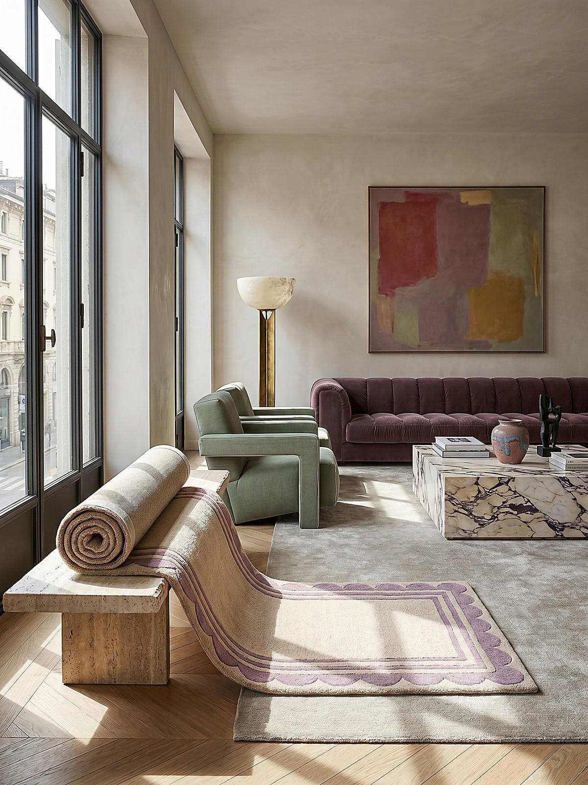 WOLLTEPPICH Grafisches Muster, Rahmen, Wohnzimmer schmutzabweisend Lila-Beige Läufer 80x230 - Lila, Textil (230/80cm) - KADIMA DESIGN