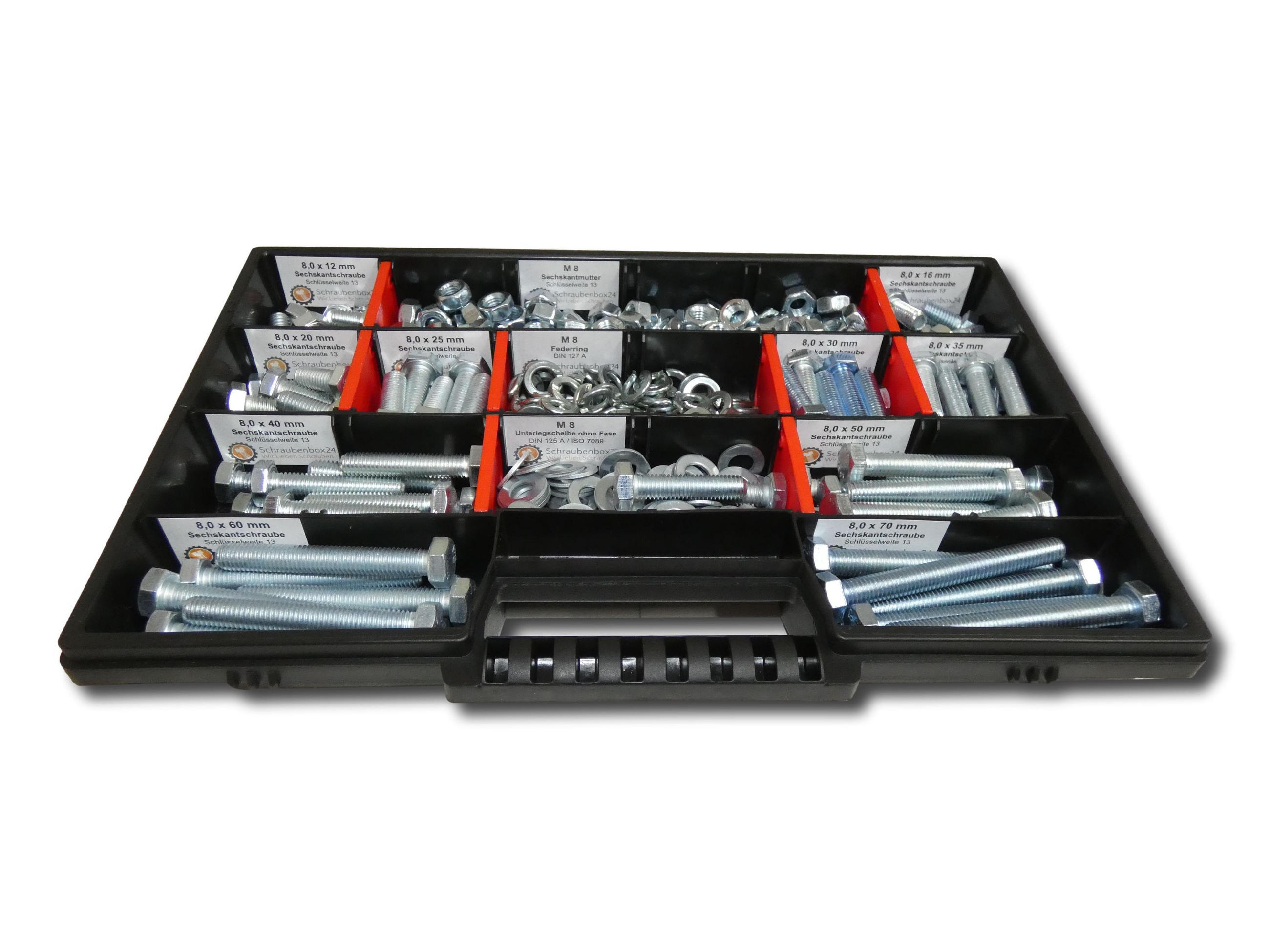 SCHRAUBENSET mit Sechskantschrauben, Muttern, Unterlegscheiben und Federringen M10 // 12mm-70mm 200 tlg - Zinkfarben, Metall (10/3.5cm) - Schraubenbox24