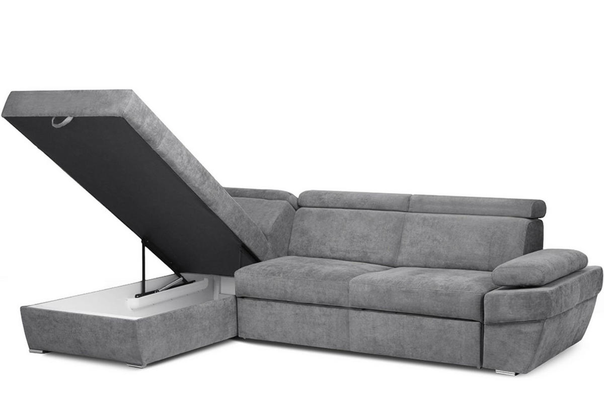 ECKSOFA RATLO links mit Schlaffunktion und Bettkasten, dunkelgrau - Platinfarben/Silberfarben, Textil (270/190cm) - KONSIMO®