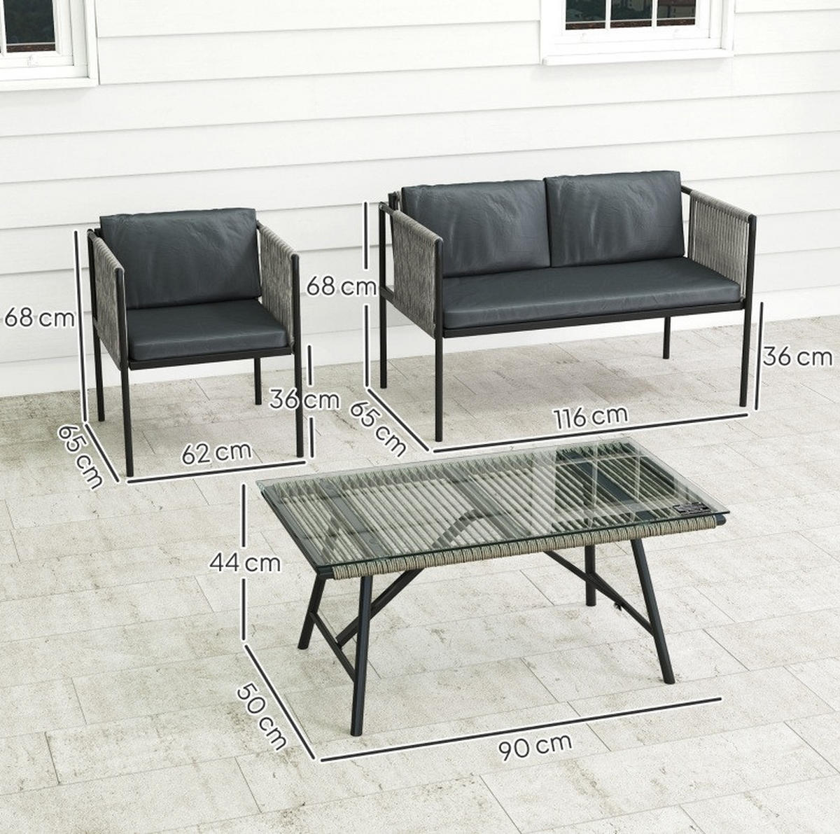 BALKONMÖBEL-SET 116/65/68 cm mit Tisch, Kissen und Glasplatte, Polyrattan, Grau - Grau, Naturmaterialen - Redom