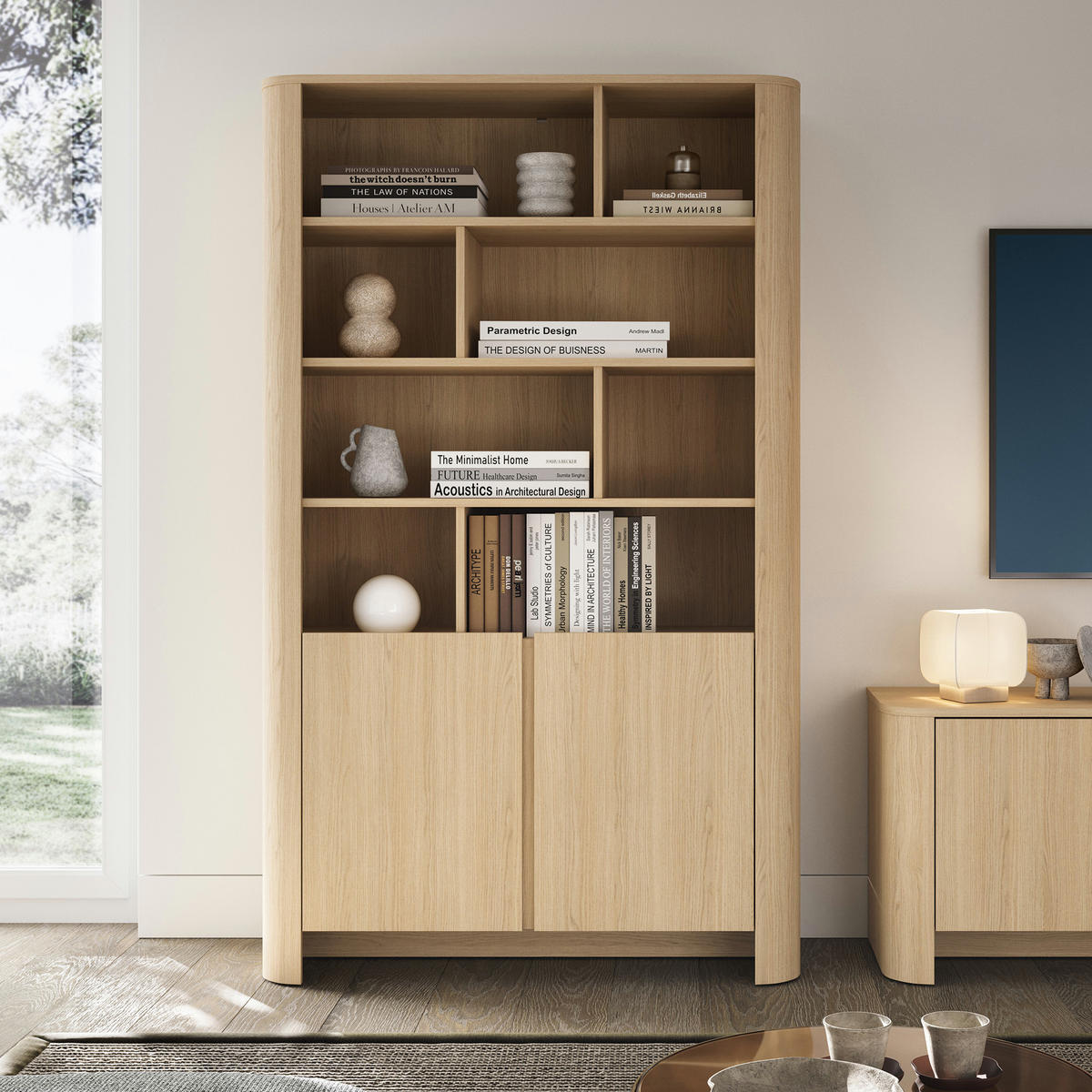 BÜCHERREGAL AMOS REG1-2D Abgerundeter Korpus, Eiche - Eichefarben, Holzwerkstoff/Kunststoff (103/170/39cm) - Komodee