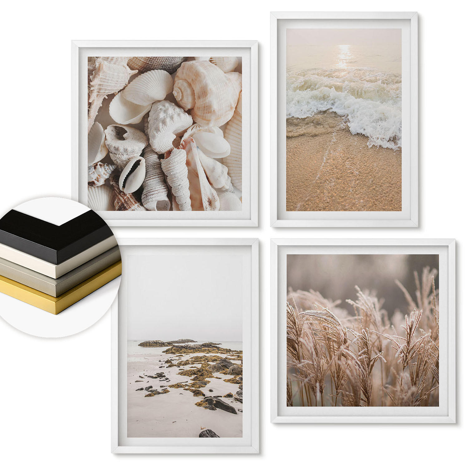 WANDBILDER 4er-Set - 50x50 cm & 40x60 cm Weißer Rahmen - Strandgras, Wellen, Steine, Boho-Stil - Weiß, Kunststoff (50/50cm) - ArtPrintCave