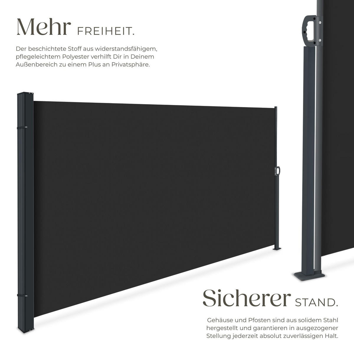SEITENMARKISE , ausziehbar, mit Aufrollmechanismus, schwarz - Schwarz, Kunststoff (300/200/9cm) - tectake