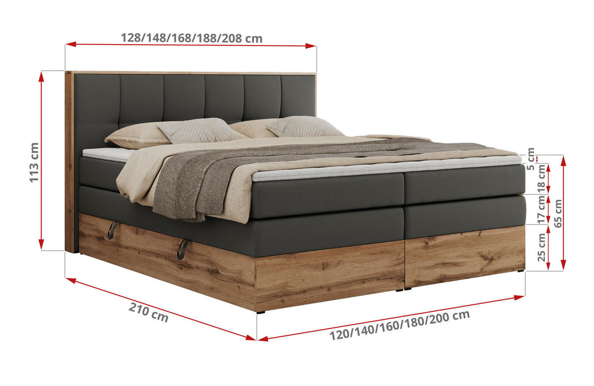 BOXSPRINGBETT ALBERO 1 KING 120/200 Dunkelgrau Kunstleder - H3 - Dunkelgrau, Holz/Textil (120/200cm) - MKS