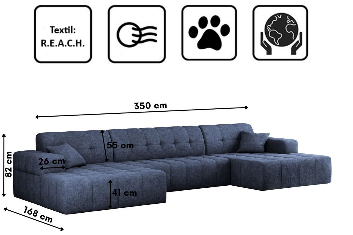 ECKSOFA U-form NIMES Stoff Perfect Harmony Dunkelblau - Dunkelblau, Holz/Kunststoff (168/350cm) - Kaiser Möbel