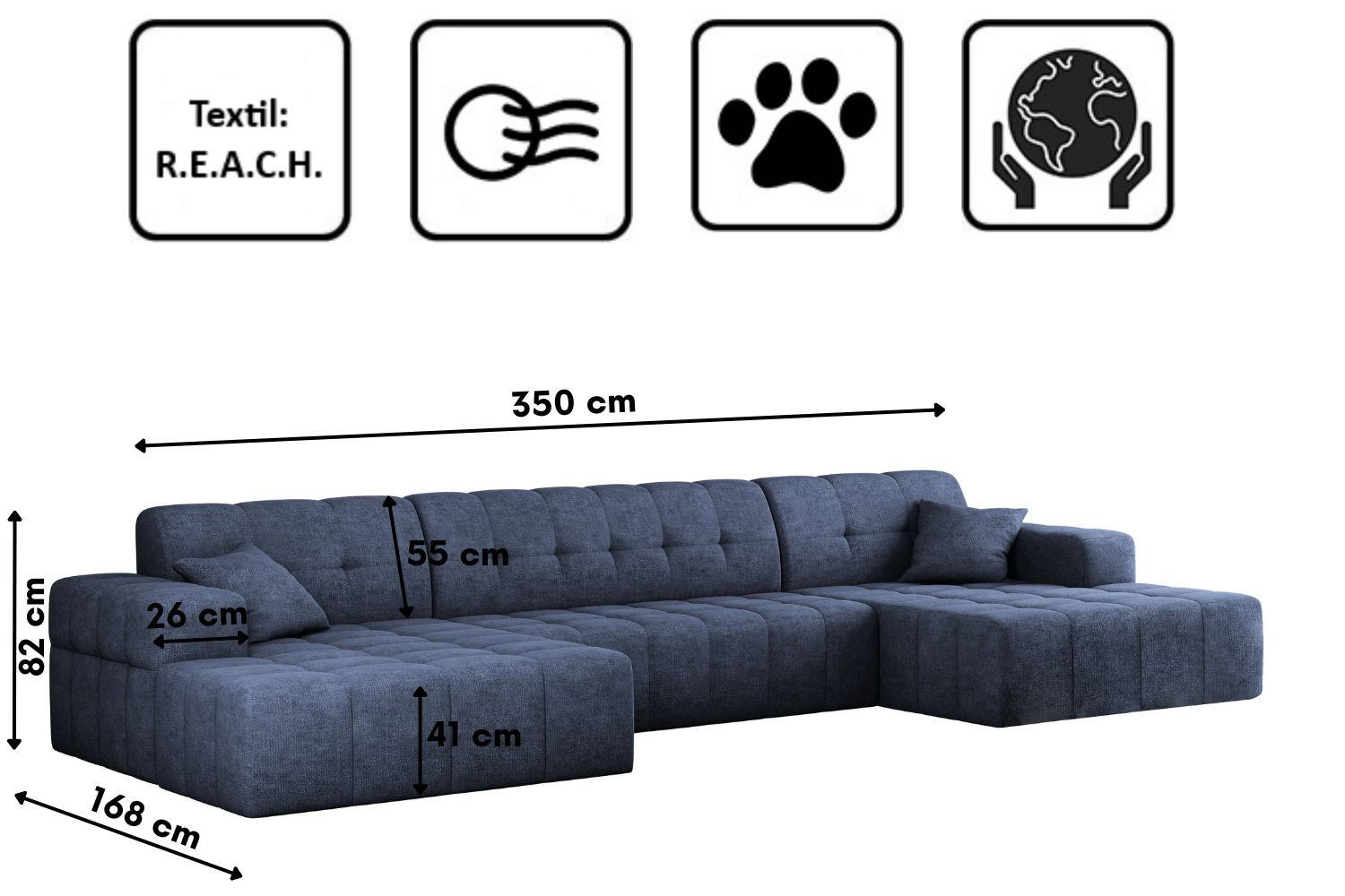Thumbnail - Kaiser Möbel Ecksofa, Dunkelblau, Textil, 6-Sitzer, Füllung: Komfortschaum, U-Form, 350x168 cm, Wohnzimmer, Sofas & Couc...
