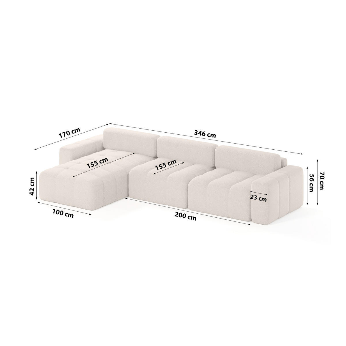 ECKSOFA Bouclé-Stoff 8 Sitzer Bornum So, Beige - Beige, Textil (346/170cm) - Meblito