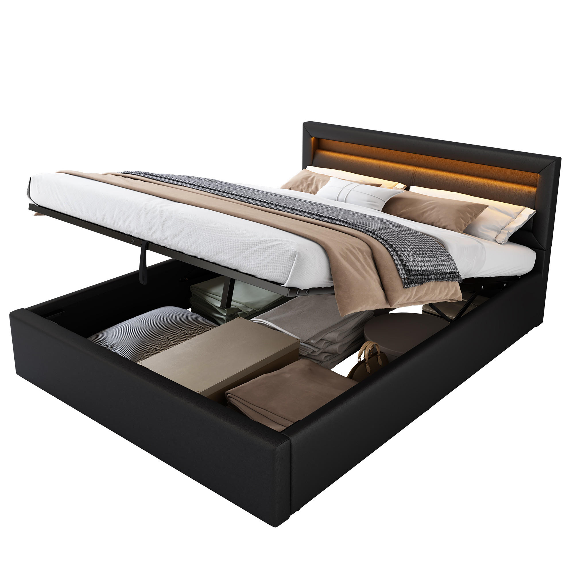 POLSTERBETT 140/190 cm Schwarz aus PU mit LED-Beleuchtung - Schwarz, Kunststoff (140/190cm) - OKMYHOME