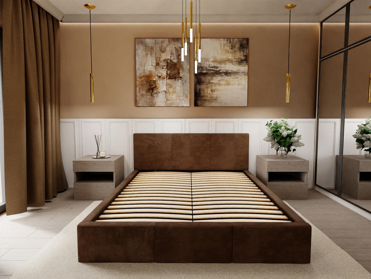 POLSTERBETT mit Stauraum Braun 120x200cm Kopfteil 100cm - Dunkelgelb/Braun, Holzwerkstoff/Textil (120/200cm) - Muralo
