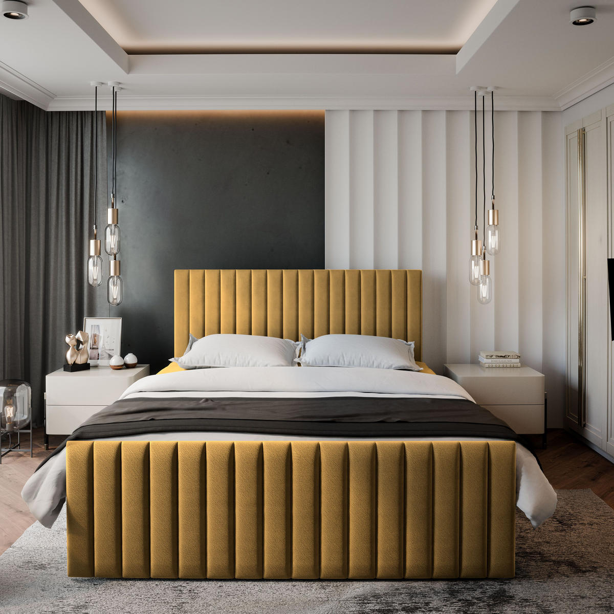 BOXBETT ARION 160x200 cm mit Matratze und Topper, H2+H3 - Gelb - Gelb, Holz (160/200cm) - MASSENO