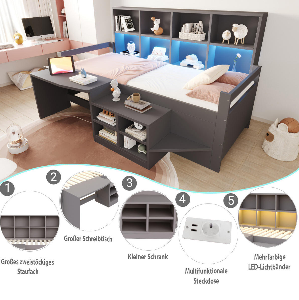 MULTIFUNKTIONSBETT 90x200 cm in Grau mit Schreibtisch, Stauraum und LED-Leiste - Grau, Holz (90/200cm) - IVMEU
