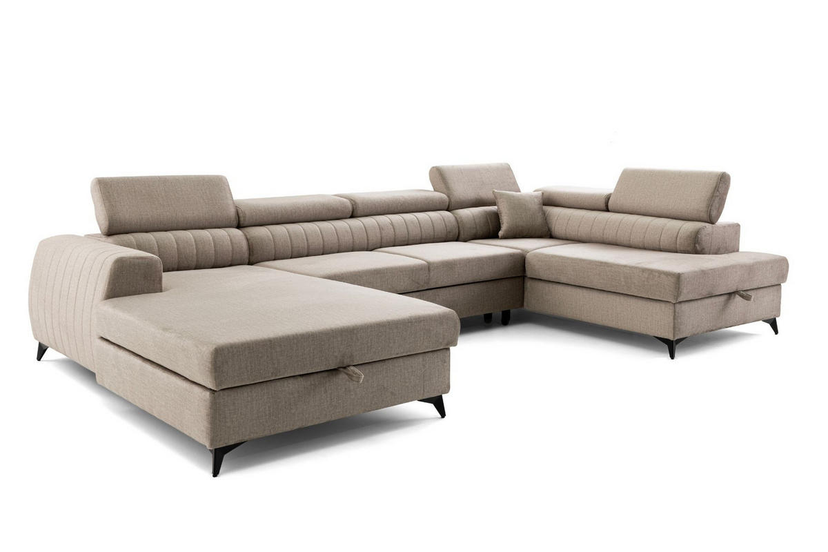 ECKSOFA U-Form PIERO U Rechts mit Schlaffunktion 125x260 Velours Beige - Beige/Schwarz, Holz/Textil (203/90/350cm) - Muffo