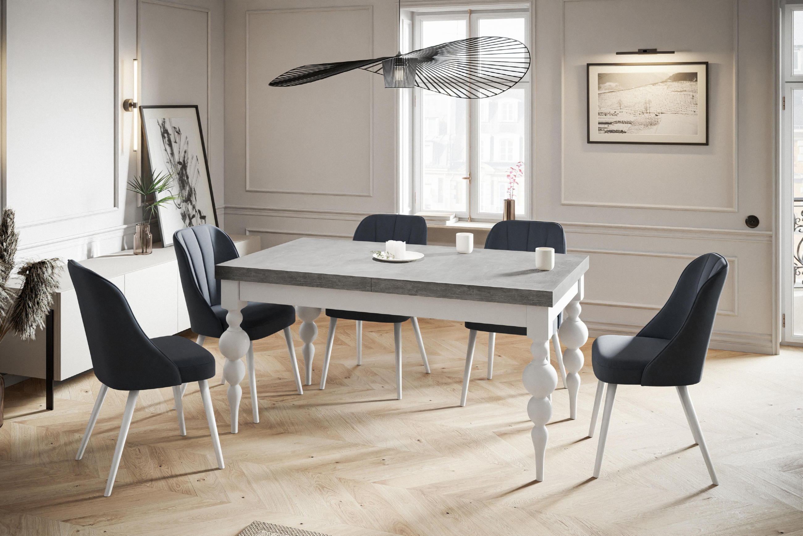 ESSZIMMERTISCH LENA, ausziehbarer Tisch 200-300X100X78,5 cm, Farbe: Grau, mit Tischbeinen in Farbe Weiß - Weiß/Grau, Holzwerkstoff (200/80/79cm) - Alpi-Möbel