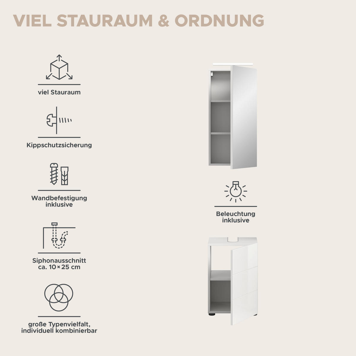 BADMÖBEL Set Vira 2tlg. Bad Kombination in Weiß (B/H/T: 38x190x34 cm) - Weiß, Holz (38/190/34cm)