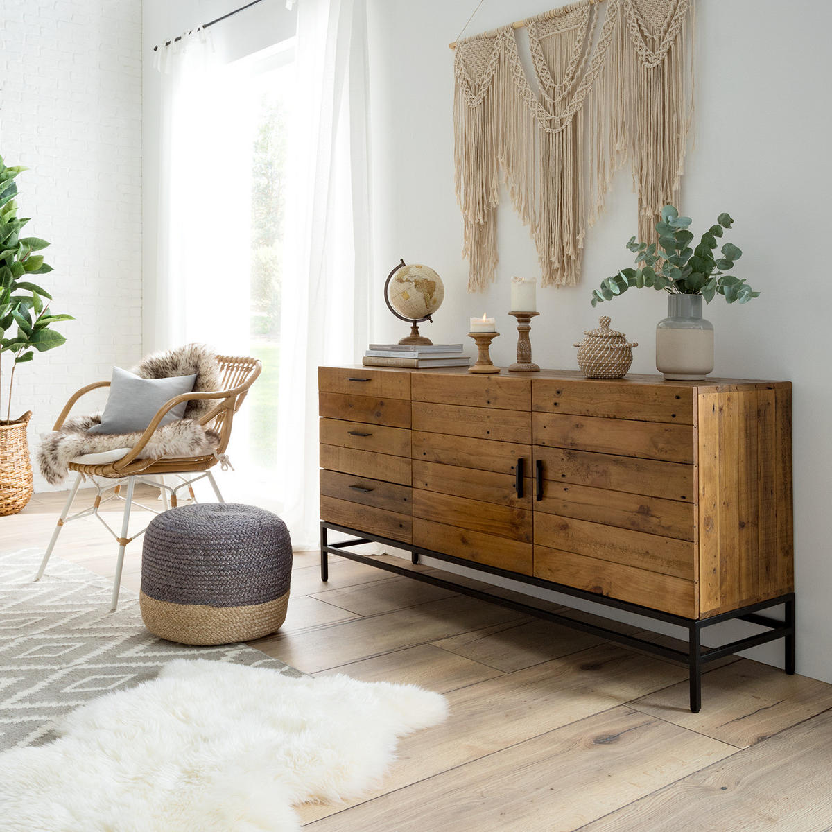 SIDEBOARD mit 2 Türen - Pinie massiv / Metall - Schwarz/Pinienfarben, Holz (160/80/45cm) - home24