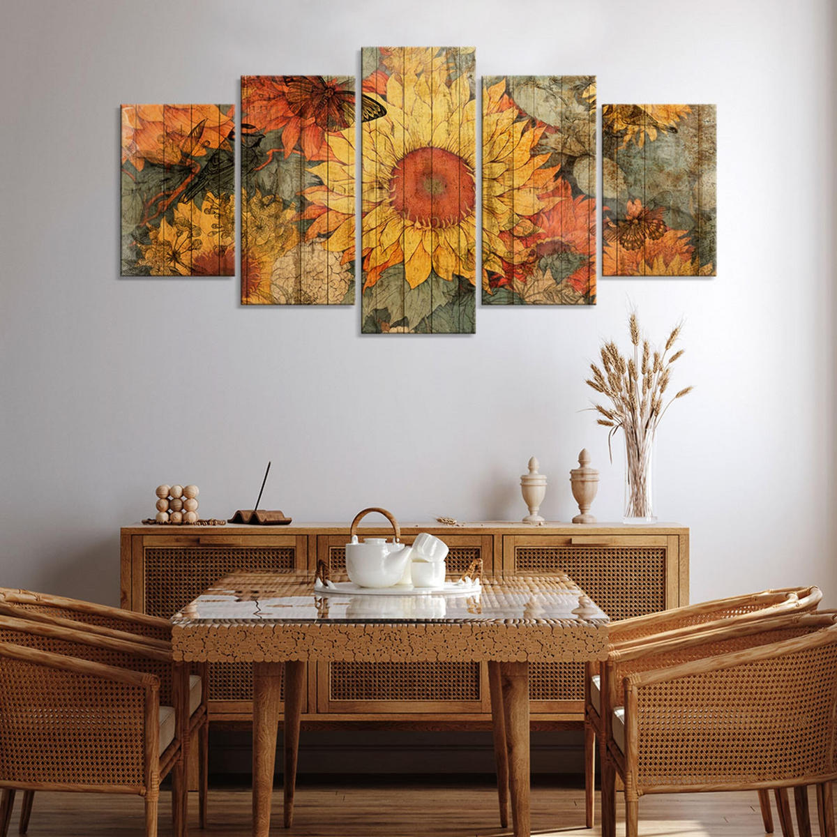 LEINWANDBILD Sonnenblumen 5-tlg. 150x75 cm - Multicolor, Holz (150/75cm) - LUMASOUL