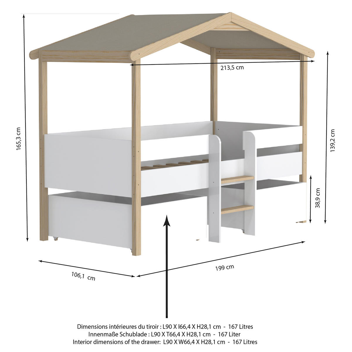 HAUSBETT PILOTI / SPIELBETT 90x190 +2 SCHUBLADEN - Weiß und naturholz - Multicolor, Holz (90/190cm) - Weber Industries