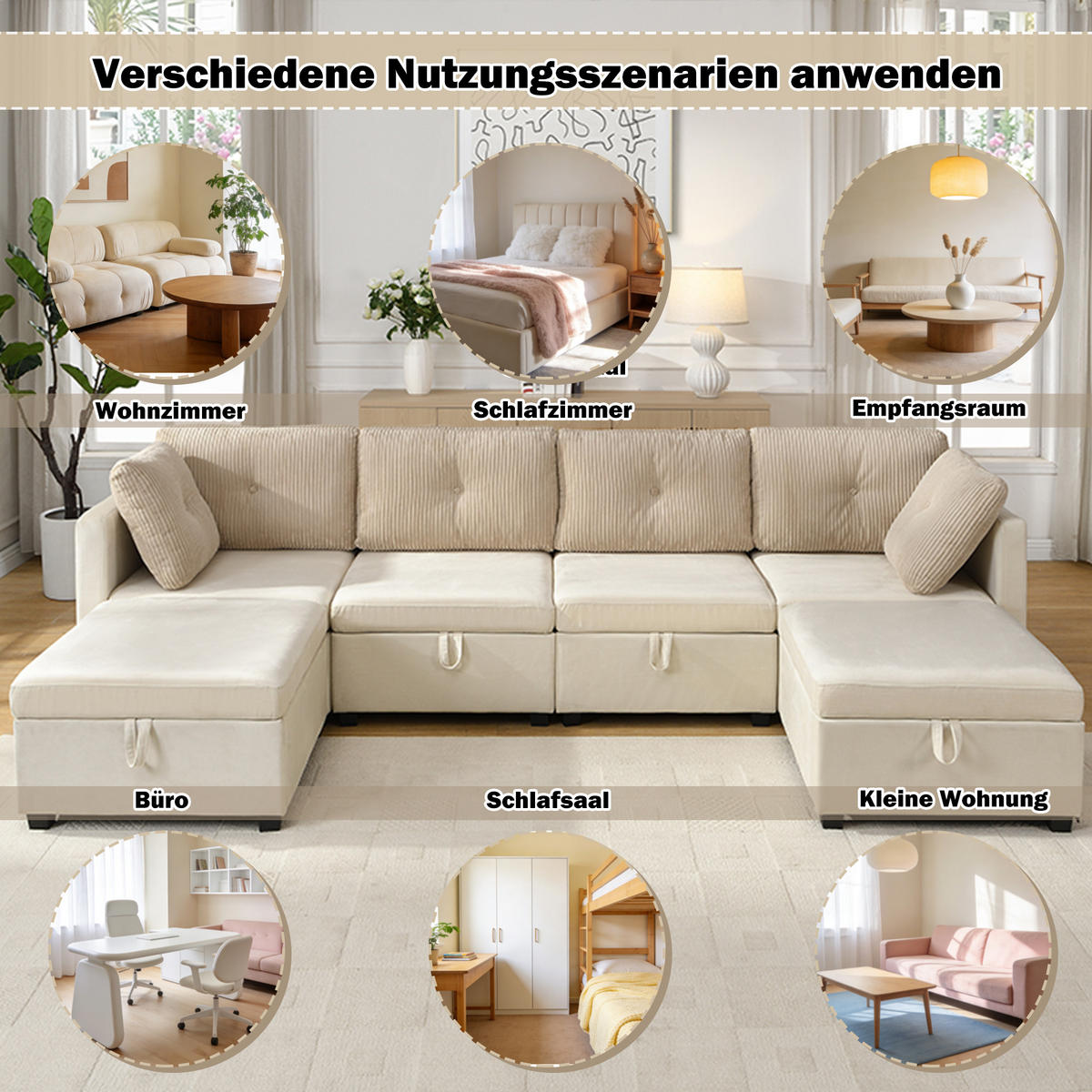WOHNLANDSCHAFT Samt und Cord Beige mit Stauraum - Beige, Holzwerkstoff/Kunststoff (261/85/132.5cm) - WISHDOR