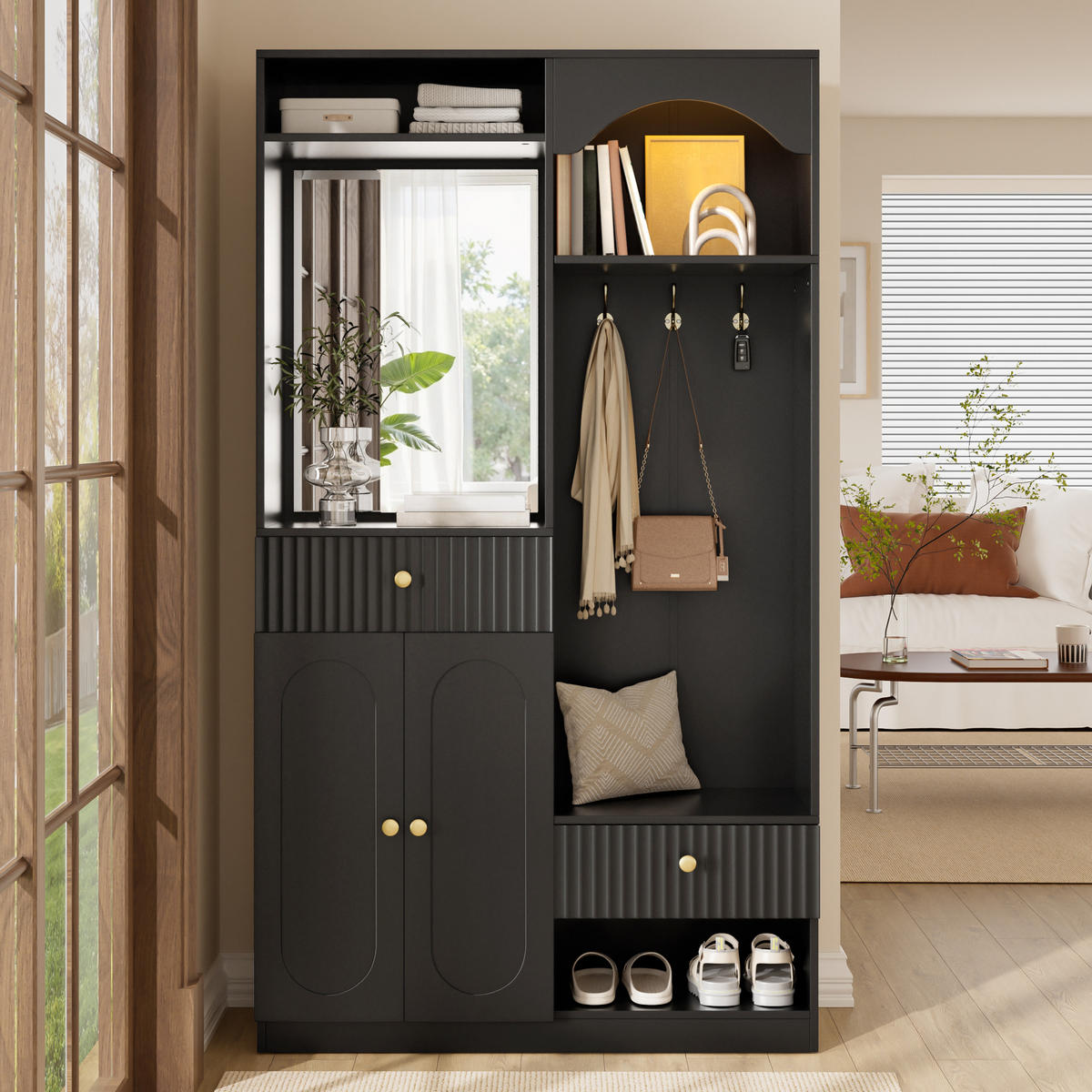 KOMPAKTGARDEROBE Spiegel Sitzbank Schuhschrank Haken LED - Schwarz, Holzwerkstoff (100/180/35cm) - FLIEKS