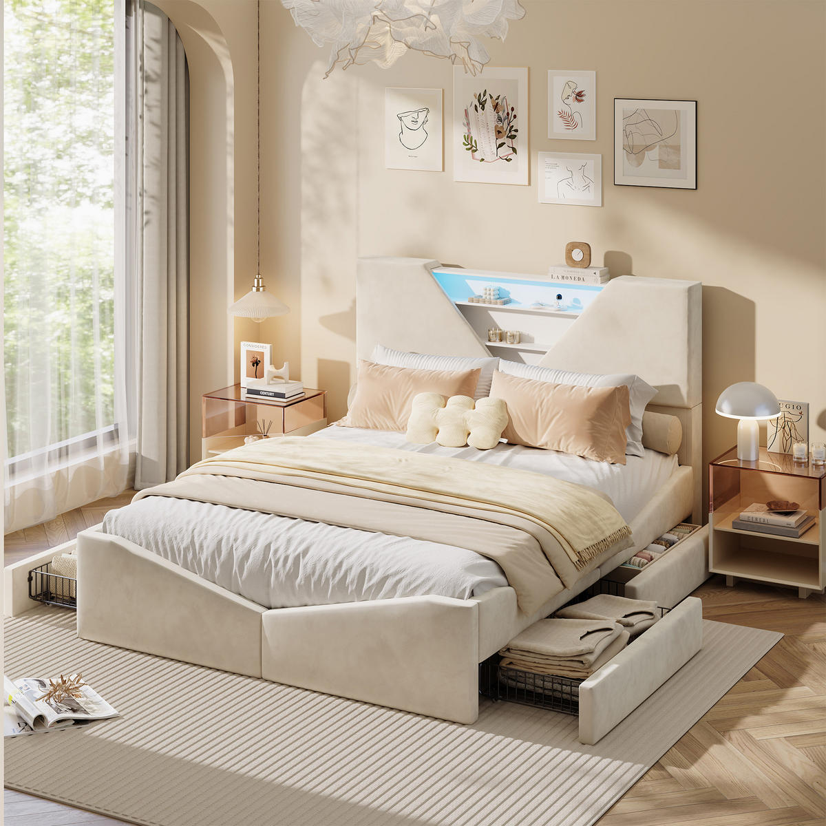 POLSTERBETT 140x190 cm mit 2 Schubladen, LED & USB, Doppelbett mit Kopfteil Stauraum, Beige - Beige, Metall (140/190cm) - EuroLiving