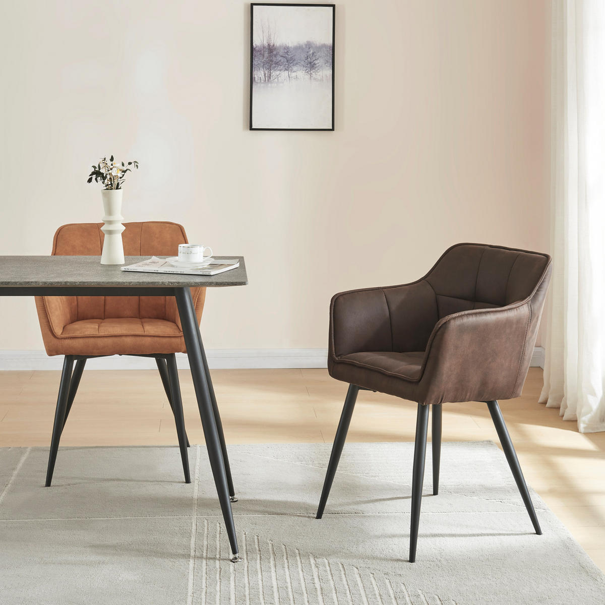 ARMLEHNSTUHL Birmingham - Dunkelbraun/Schwarz, Textil/Metall (57/81/53cm) - [en.casa]