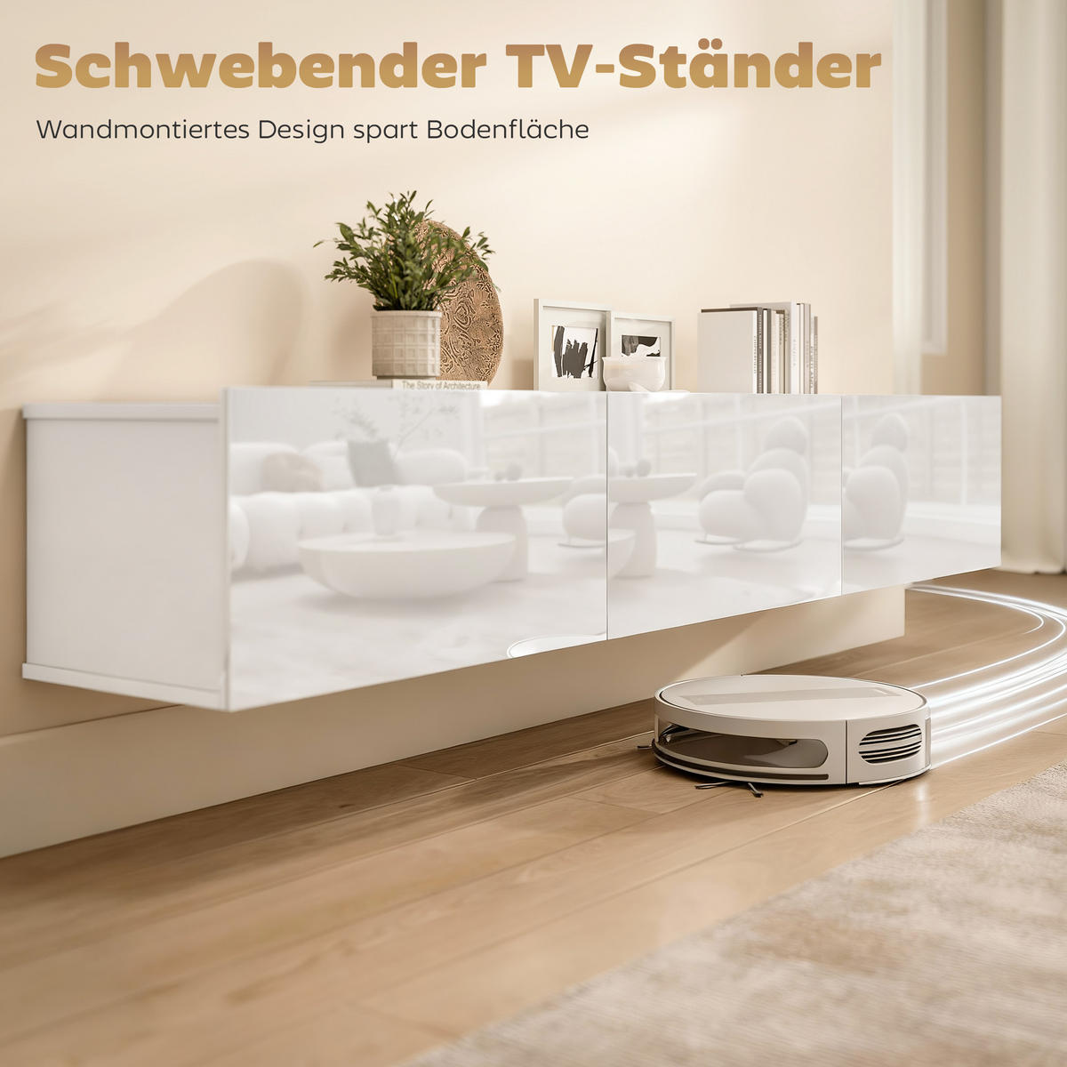 TV Schrank Lowboard hängend 180 cm für Fernseher bis zu 82 Zoll Weiß - Weiß Hochglanz/Weiß, Holzwerkstoff (31.5/29.8/180cm) - HOMCOM