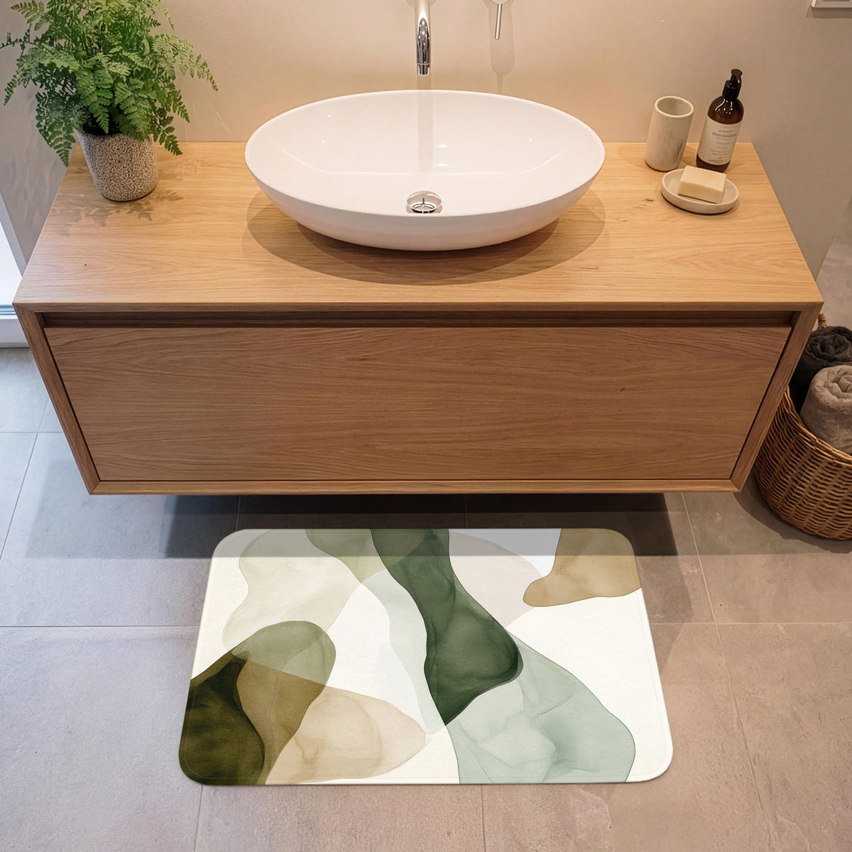 KÚPEĽŇOVÁ PREDLOŽKA Japandi - Abstraktné - Zelené 80x50 cm - zelená, textil/plast (80/50cm) - OnlyWow