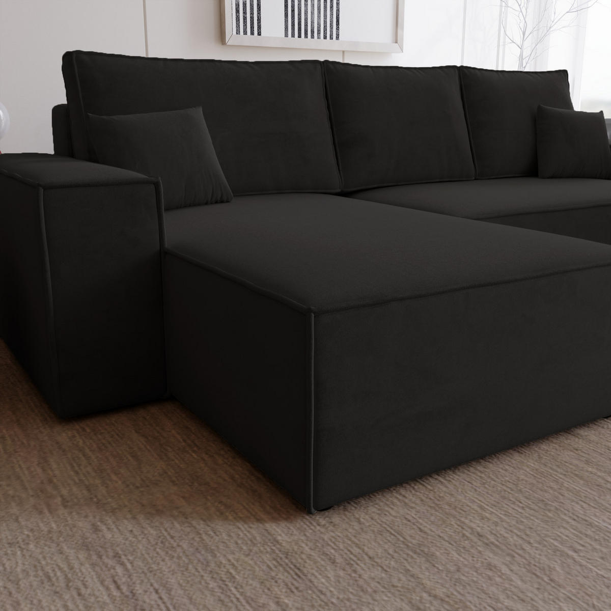 ECKSOFA mit Schlaffunktion Bergamo L 280 cm, Samt, Links - Schwarz - Schwarz, Holz (277/189cm) - Emporius