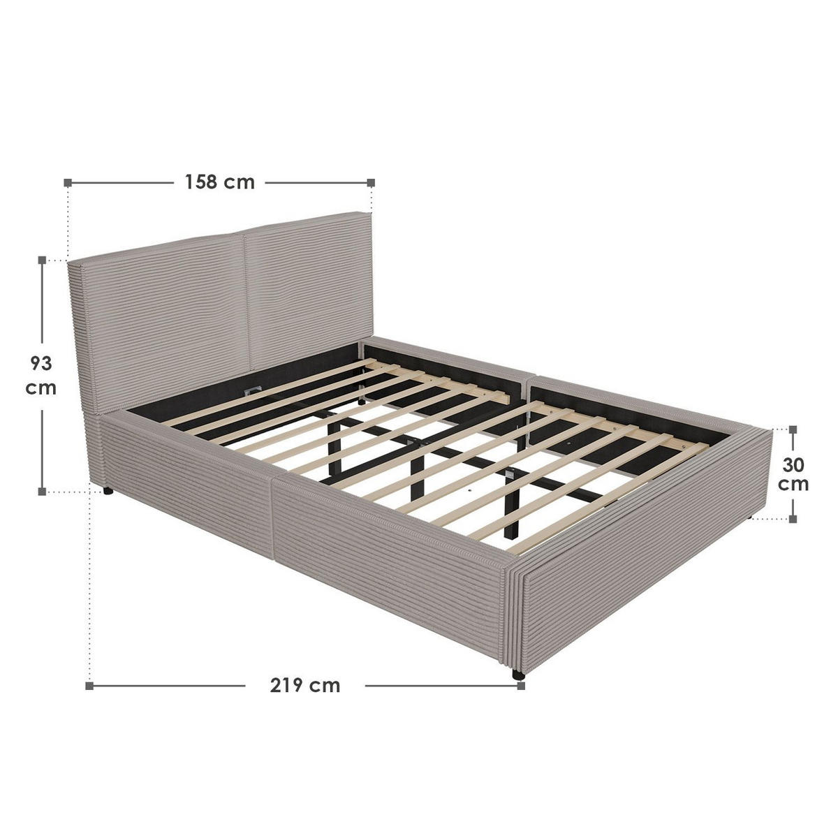 POLSTERBETT Salerno Cord taupe 140x200 cm - Taupe, Textil (140/200cm) - Juskys