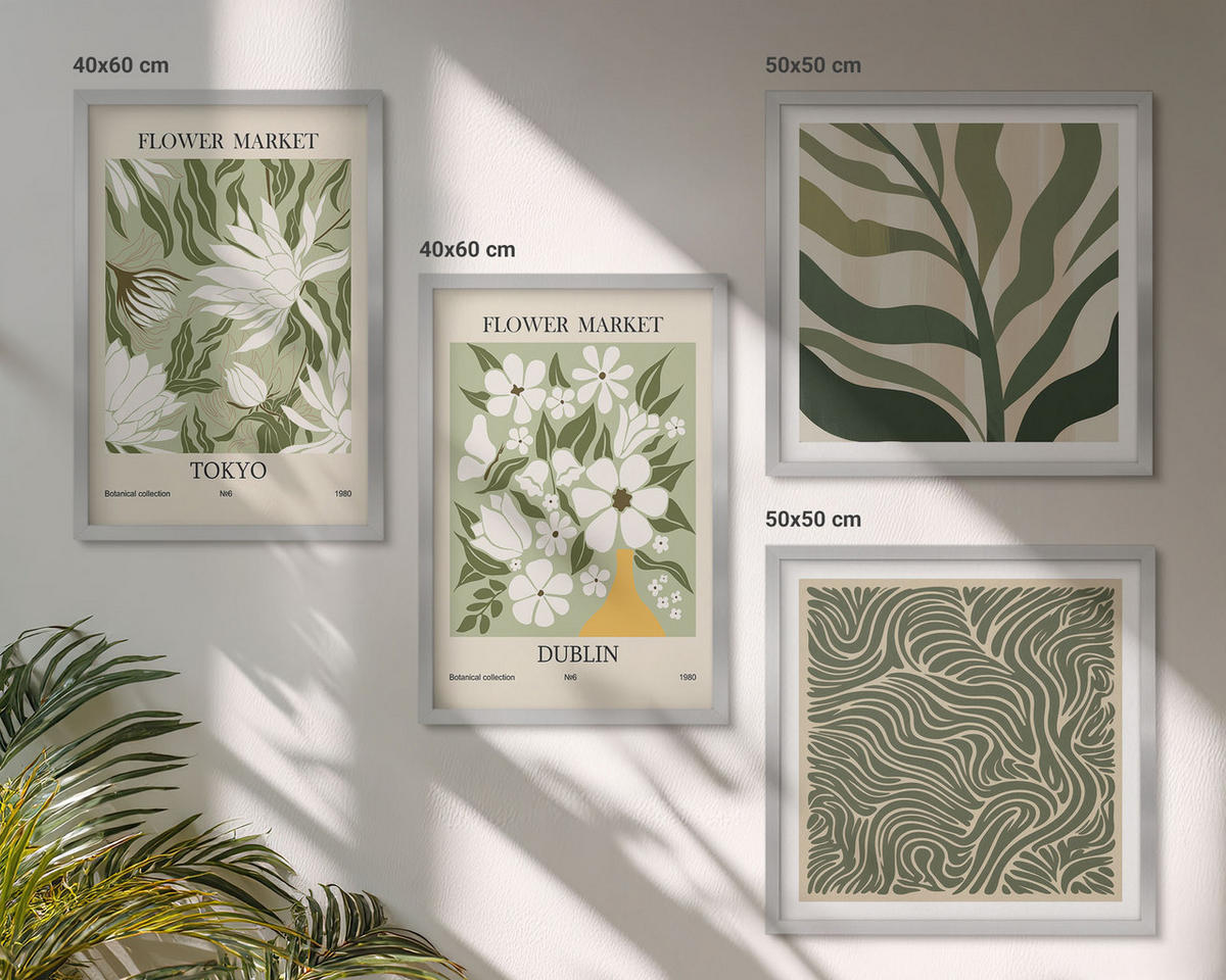 BILDER SET 4er Set - 50x50 cm & 40x60 cm Silberner Rahmen - Pflanzenmuster, Boho-Dekorationen - Silberfarben, Kunststoff (50/50cm) - TULUP