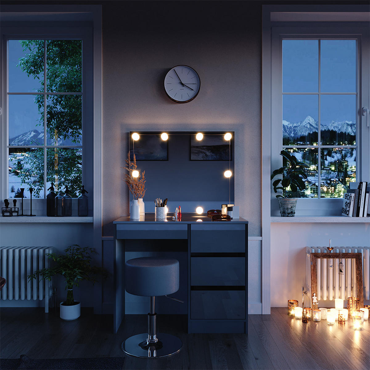 SCHMINKTISCH Sherry Grau 90 cm mit LED Beleuchtung und Hocker - Grau, Holzwerkstoff (90/75/40cm) - Vicco